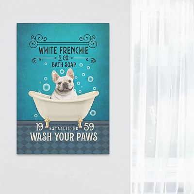Alternative view of White Frenchie Dog Co Bath Soap Wash Your Paws Funny Bathroom Framed Canvas Prints - Unframed Poster