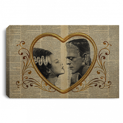 Frankenstein And Bride Wrapped Framed Canvas Prints - Unframed Poster - Classic Horror Home Decor Wall Art, White, 0.75'' Framed Canvas