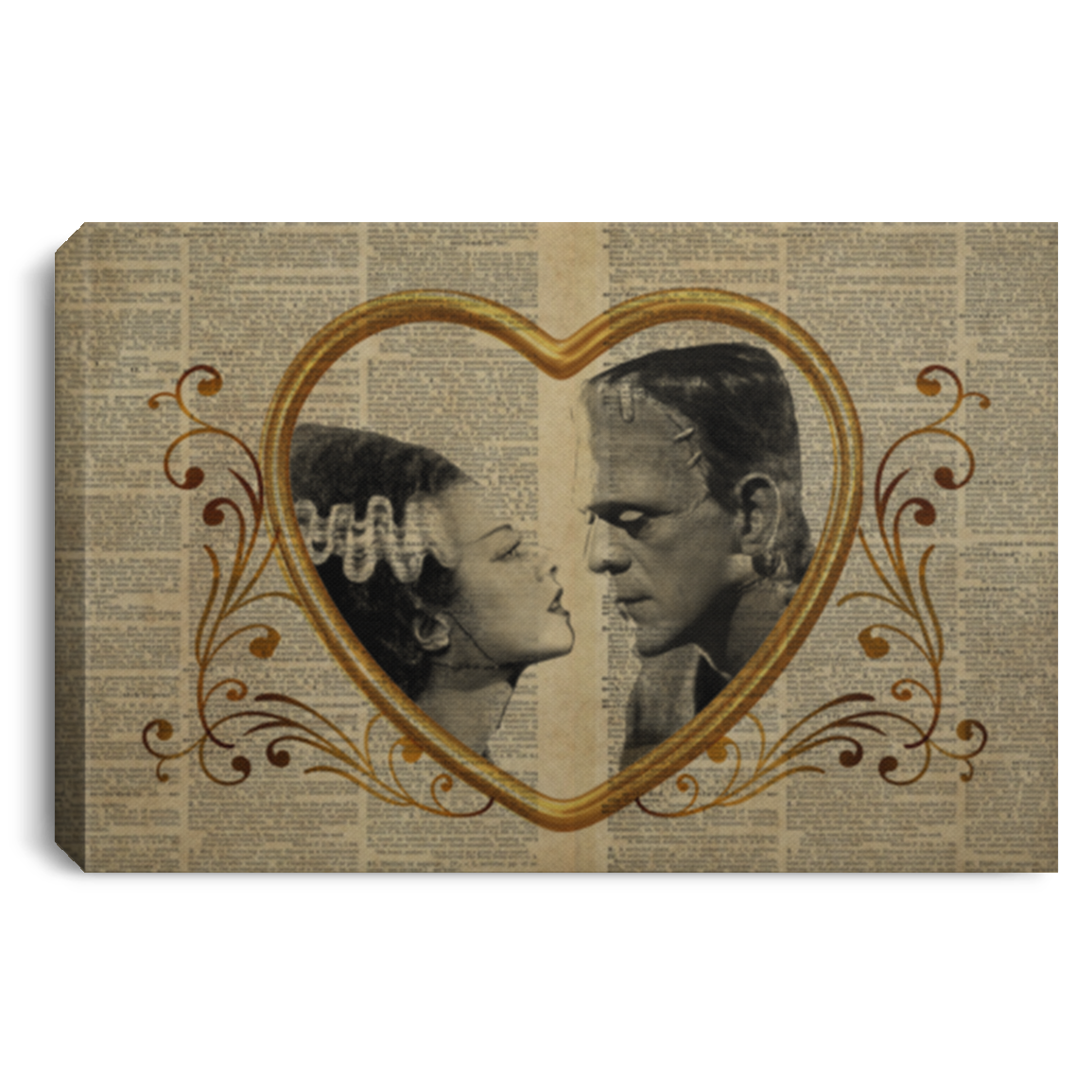 Frankenstein And Bride Wrapped Framed Canvas Prints - Unframed Poster - Classic Horror Home Decor Wall Art, White, 0.75'' Framed Canvas