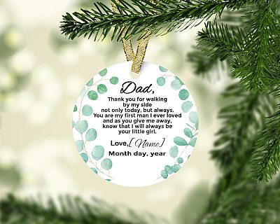 Alternative view of Personalized Christmas Ornament for Father from The Bride- Holiday Flat Circle Porcelain Ceramic Ornament
