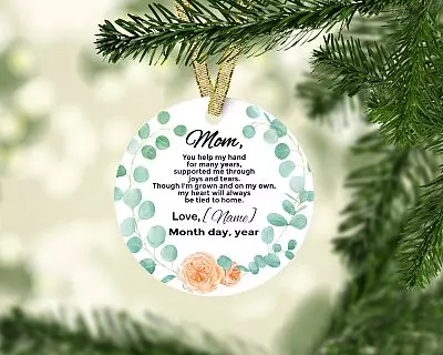 Alternative view of Personalized Christmas Ornament for Mother from The Bride- Holiday Flat Circle Porcelain Ceramic Ornament