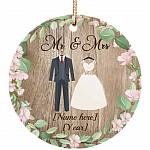 Mr & Mrs Personalized Decorative Christmas Ornament - Flat Circle Porcelain Ceramic Ornament Couple Ornaments, White, Ceramic Circle Ornament