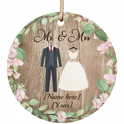 Mr & Mrs Personalized Decorative Christmas Ornament - Flat Circle Porcelain Ceramic Ornament Couple Ornaments, White, Ceramic Circle Ornament