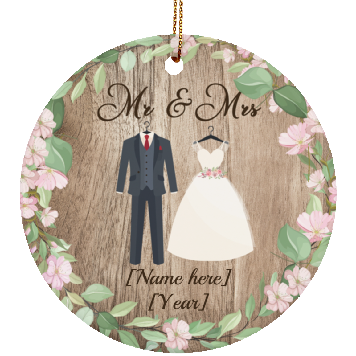 Mr & Mrs Personalized Decorative Christmas Ornament - Flat Circle Porcelain Ceramic Ornament Couple Ornaments, White, Ceramic Circle Ornament