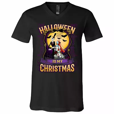 Halloween Is My Christmas Jack And Sally Nightmare T-shirt - V-neck - Halloween Jack-Skellington Shirt, Black, V-Neck T-Shirt