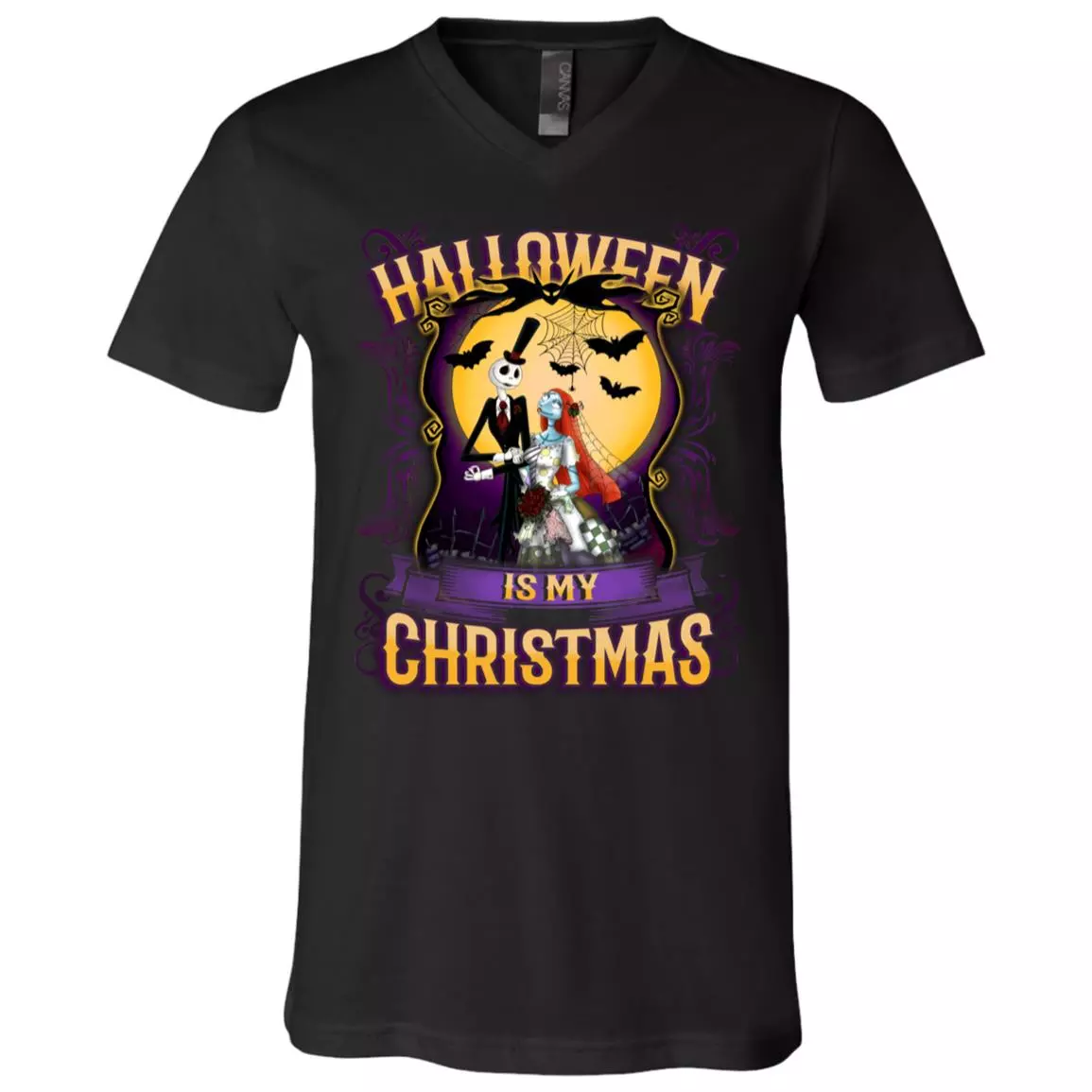 Halloween Is My Christmas Jack And Sally Nightmare T-shirt - V-neck - Halloween Jack-Skellington Shirt, Black, V-Neck T-Shirt