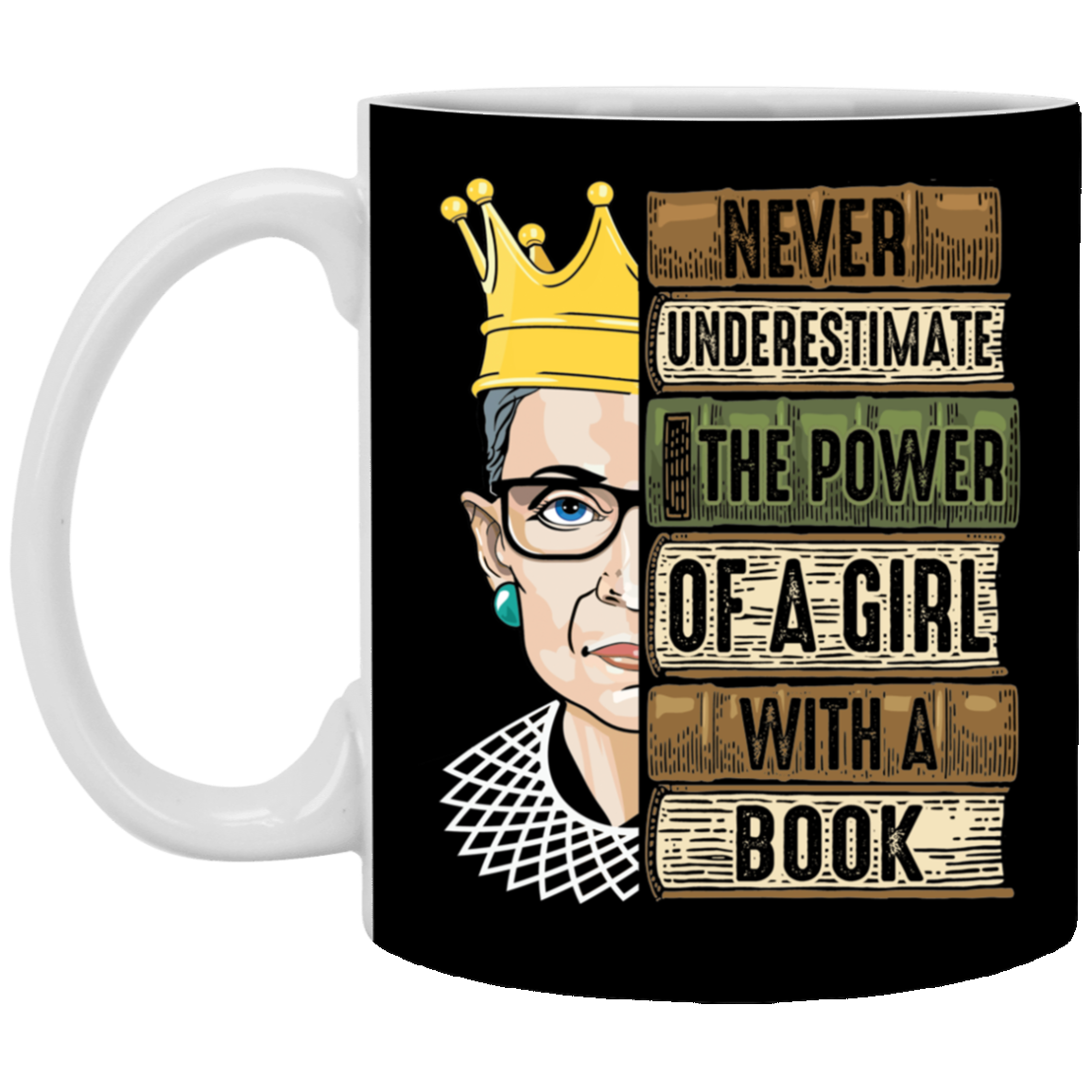 Never Underestimate The Power Of A Girl With A Book RBG Ceramic Coffee Mug - Beer Stein - Water Bottle, Black, 11 oz. White Mug