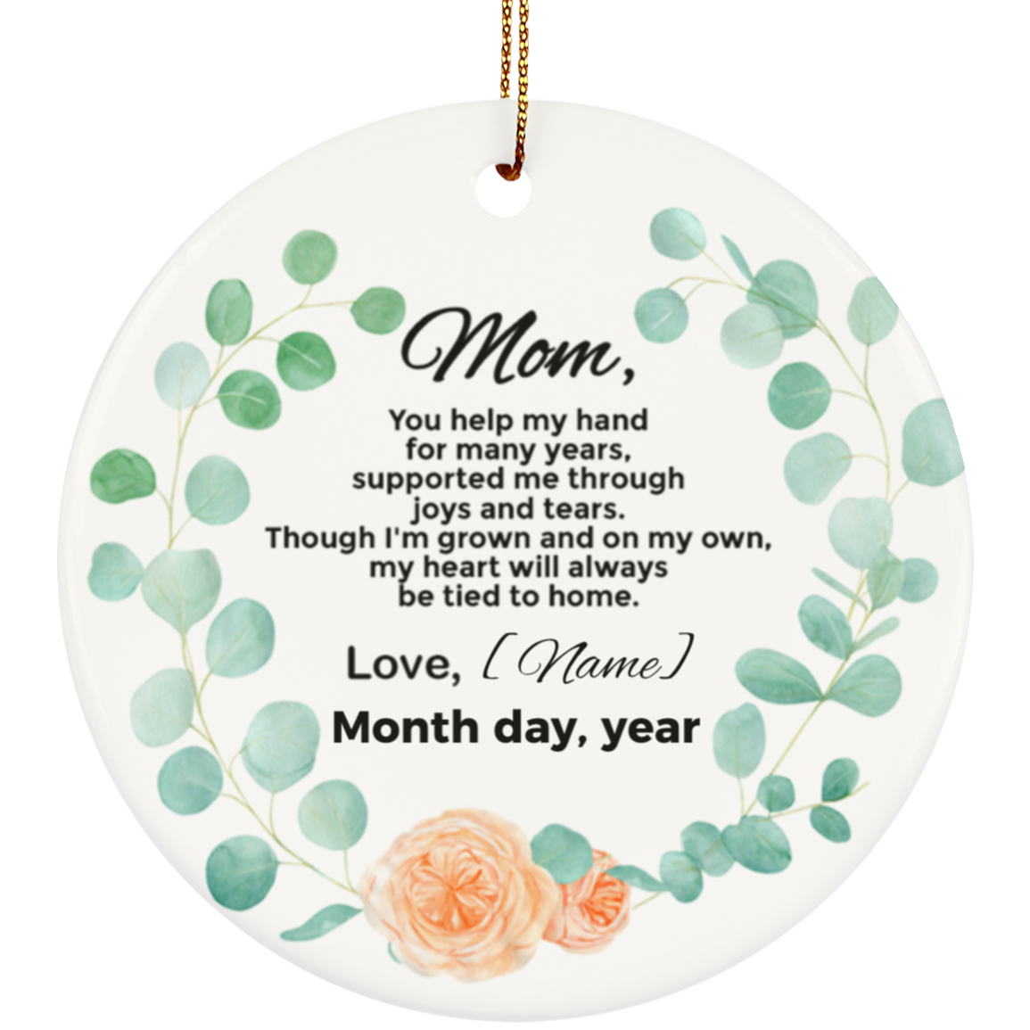 Personalized Christmas Ornament for Mother from The Bride- Holiday Flat Circle Porcelain Ceramic Ornament, White, Ceramic Circle Ornament