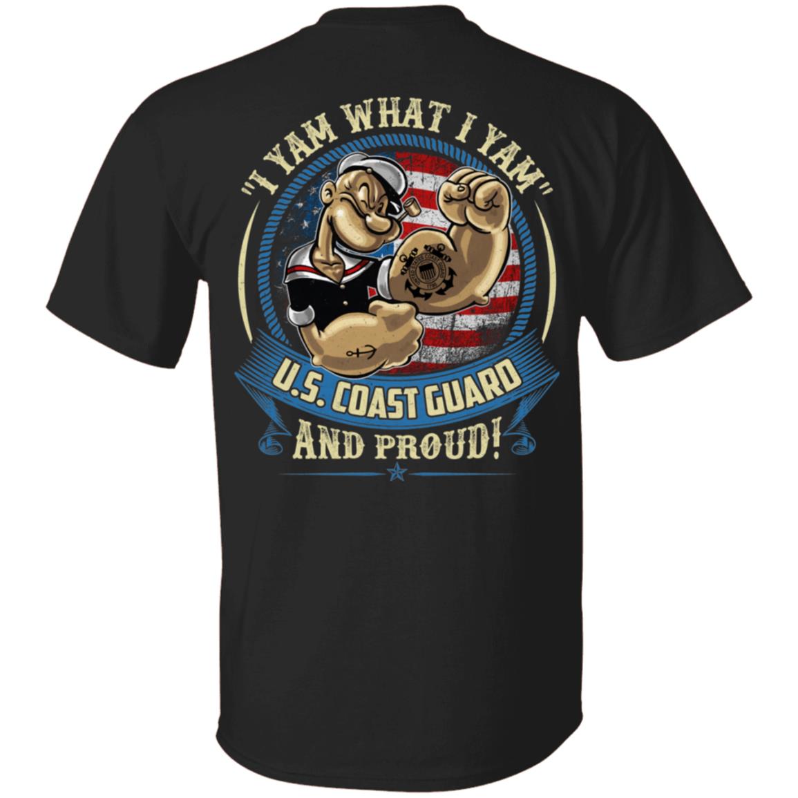 I Yam What I Yam U.S. Coast Guard Funny Print on Back - Plain Front T-Shirt - V-Neck, Black, Unisex T-Shirt I Yam What I Yam U.S. Coast Guard Funny Print on Back - Plain Front T-Shirt - V-Neck, Black, Unisex T-Shirt