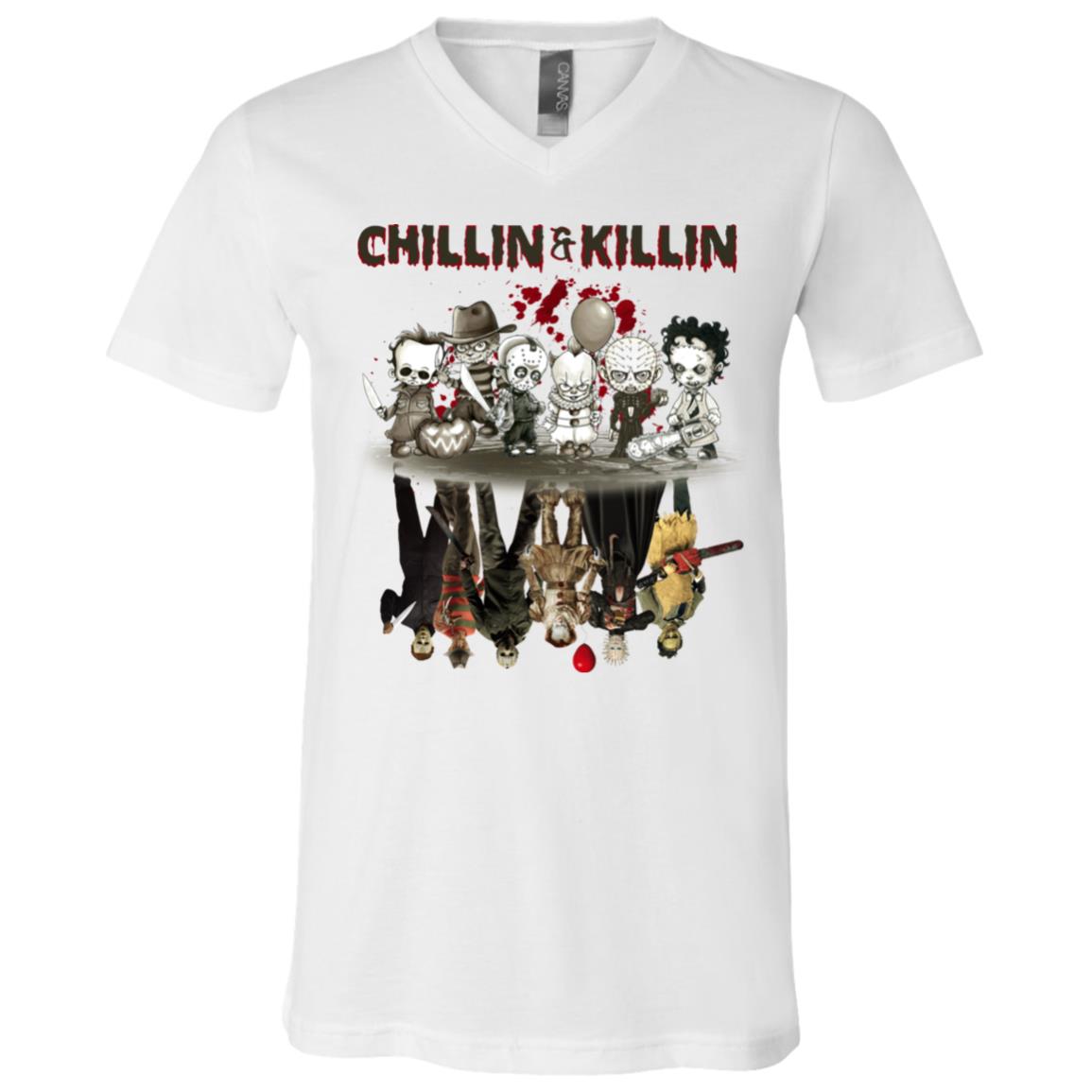 Chillin' And Killin' Horror Movie Characters Halloween T-shirt - V-neck - Chibi Horror Squad Shirt, White, V-Neck T-Shirt