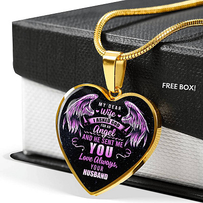 My Dear Wife I Asked God For An Angel And He Sent Me You Love Always Your Husband Luxury Heart Pendant Necklace - Heart Luxury Necklace (Gold Plated)