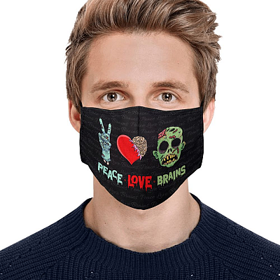 Alternative view of Peace Love Brains Funny Zombie Halloween Washable Reusable Custom - Printed Cloth Face Mask Cover