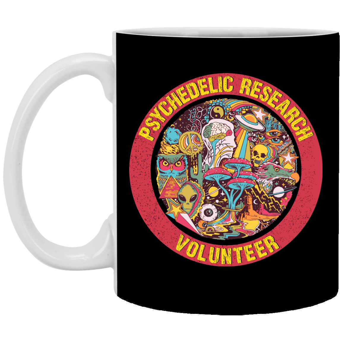 Pshychedelic Research Volunteer Ceramic Coffee Mug - Beer Stein - Water Bottle - Color Changing Mug, Black, 11 oz. White Mug Pshychedelic Research Volunteer Ceramic Coffee Mug - Beer Stein - Water Bottle - Color Changing Mug, Black, 11 oz. White Mug