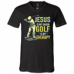 Jesus Is My Savior Golf Is My Therapy Gifts Golf Lover Funny T-Shirt - V-Neck, Black, V-Neck T-Shirt