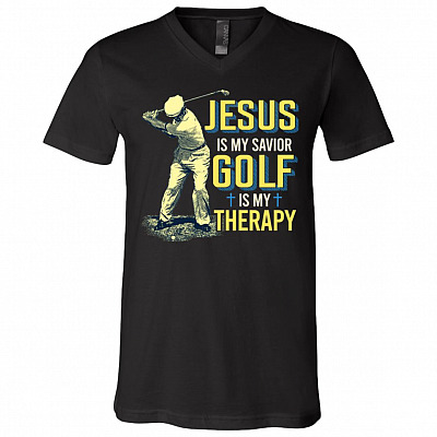 Jesus Is My Savior Golf Is My Therapy Gifts Golf Lover Funny T-Shirt - V-Neck, Black, V-Neck T-Shirt
