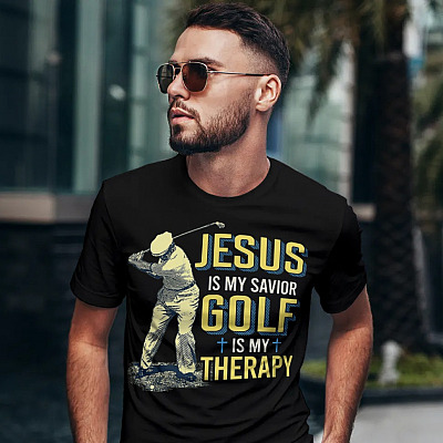 Alternative view of Jesus Is My Savior Golf Is My Therapy Gifts Golf Lover Funny T-Shirt - V-Neck