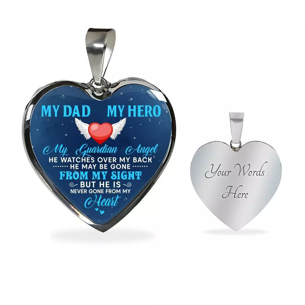My Dad My Hero My Guardian Angel He Watches Over My Back Heart Pendant Necklace - Heart Luxury Necklace (Silver)
