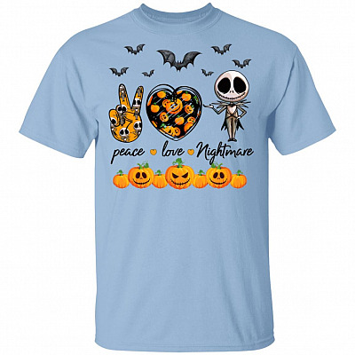 Jack Peace Love Nightmare Halloween Scary Pumpkin Sign T-Shirt - Cool Hippie Pumpkin Halloween King Tee Shirt, Light Blue, Unisex T-Shirt