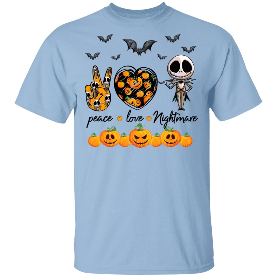 Jack Peace Love Nightmare Halloween Scary Pumpkin Sign T-Shirt - Cool Hippie Pumpkin Halloween King Tee Shirt, Light Blue, Unisex T-Shirt