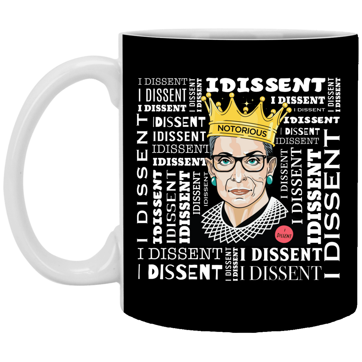 I Dissent Feminism Quote Feminist RBG Ruth Bader Ginsburg Ceramic Coffee Mug - Beer Stein - Water Bottle, Black, 11 oz. White Mug
