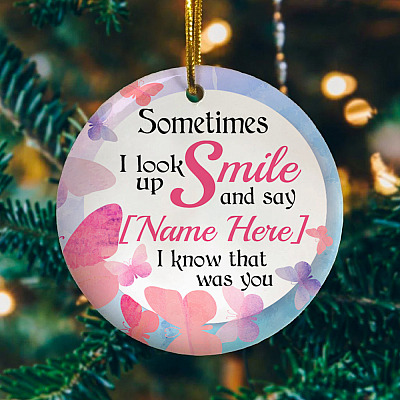 Alternative view of Personalized Butterfly Sometimes I Look Up Smile I Know That Was You Christmas Circle Porcelain Ornament