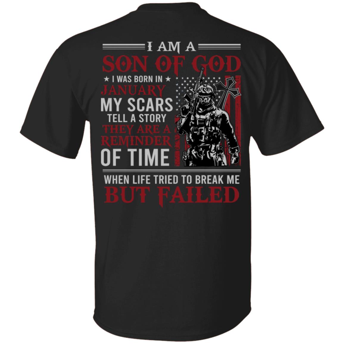 January I Am A Son Of God American Flag Print On Back T-Shirt - American Soldier January Birthday Shirt, Black, Unisex T-Shirt