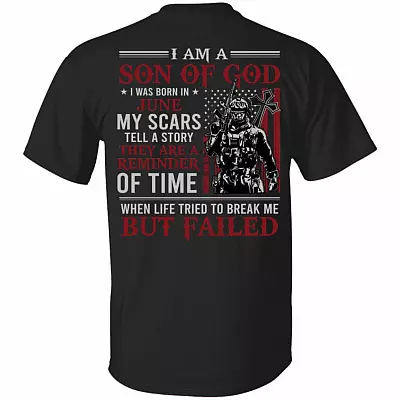 June I Am A Son Of God American Flag Print On Back T-Shirt - American Soldier June Birthday Shirt, Black, Unisex T-Shirt