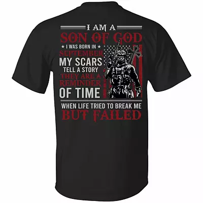 September I Am A Son Of God American Flag Print On Back T-Shirt - American Soldier September Birthday Shirt, Black, Unisex T-Shirt
