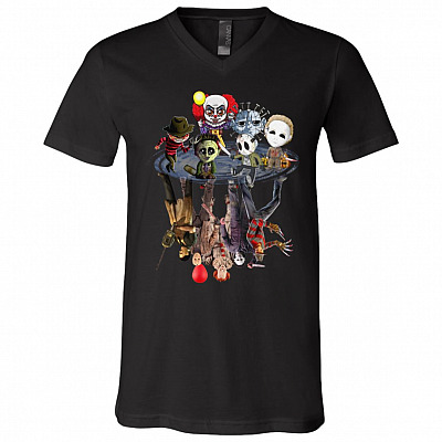 Cute Chibi Horror Movies Characters Funny Halloween T-Shirt - V Neck, Black, V-Neck T-Shirt