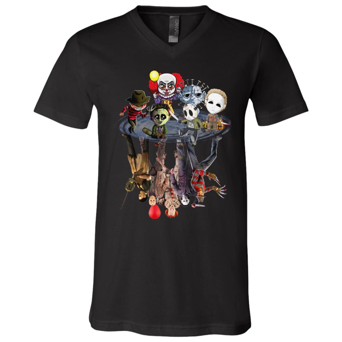 Cute Chibi Horror Movies Characters Funny Halloween T-Shirt - V Neck, Black, V-Neck T-Shirt