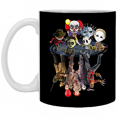 Cute Chibi Horror Movies Characters Funny Halloween Ceramic Coffee Mug - Water Bottle, Black, 11 oz. White Mug