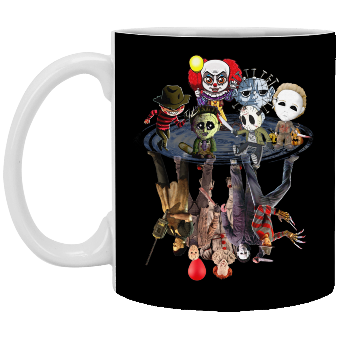 Cute Chibi Horror Movies Characters Funny Halloween Ceramic Coffee Mug - Water Bottle, Black, 11 oz. White Mug Cute Chibi Horror Movies Characters Funny Halloween Ceramic Coffee Mug - Water Bottle, Black, 11 oz. White Mug