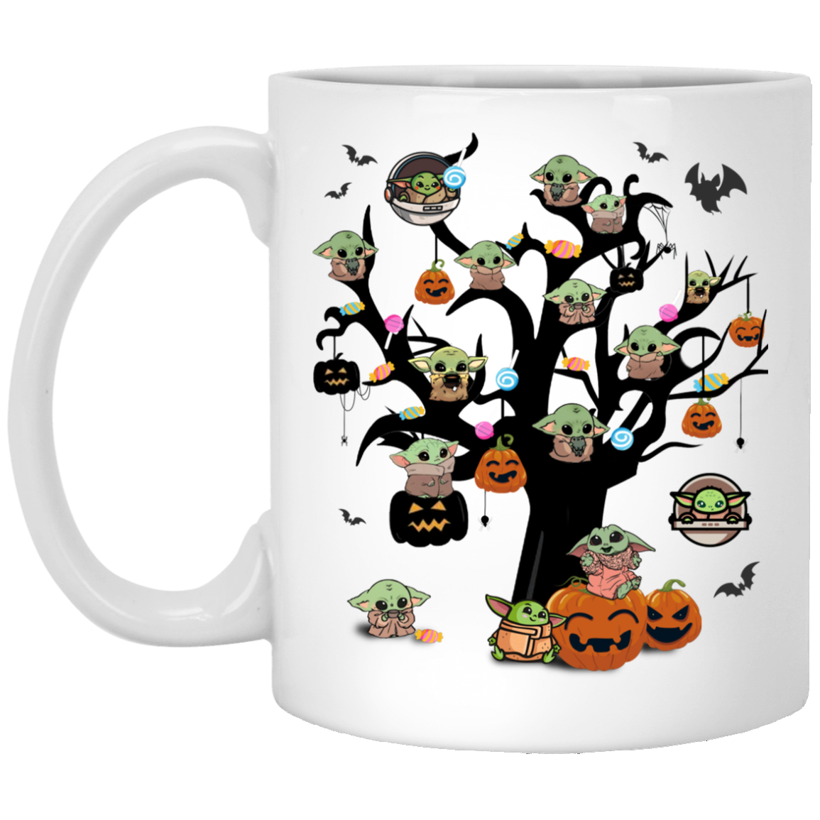 Cute Baby Yoda Tree Funny Halloween Ceramic Coffee Mug - Water Bottle, White, 11 oz. White Mug