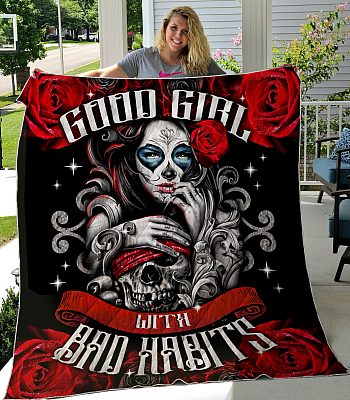 Alternative view of Good Girl With Bad Habits Skull Girl Fleece Blanket - Mink Blanket - Woven Blanket