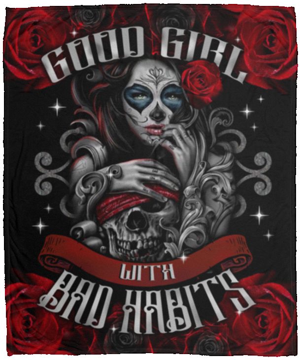 Good Girl With Bad Habits Skull Girl Fleece Blanket - Mink Blanket - Woven Blanket, White, Cozy Plush Fleece Blanket - 50x60