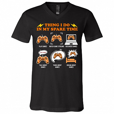 Things I Do In My Spare Time Funny Gamer Geek T-Shirt - V-Neck, Black, V-Neck T-Shirt