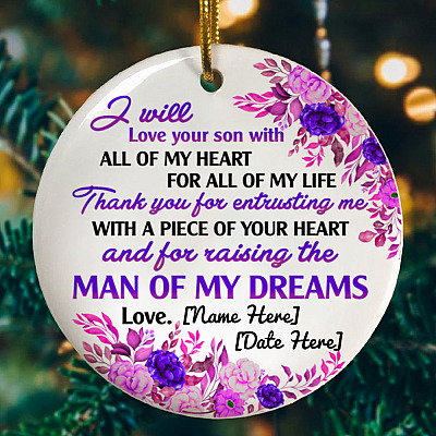 Alternative view of Personalized Mother In Law I Will Love Your Son All My Heart Holiday Christmas - Flat Circle Porcelain Ceramic Ornament