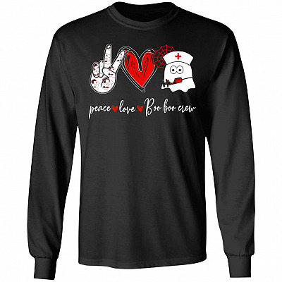 Peace Love Boo Boo Crew Nurse Ghost Halloween Costume Gift Hoodie Sweatshirt Long Sleeve T-Shirt, Black, Long Sleeve