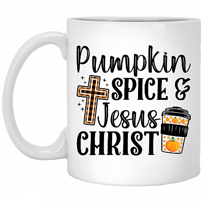 Pumpkin Spice and Jesus Christ Ceramic Coffee Mug - Beer Stein - Water Bottle - Color Changing Mug, White, 11 oz. White Mug