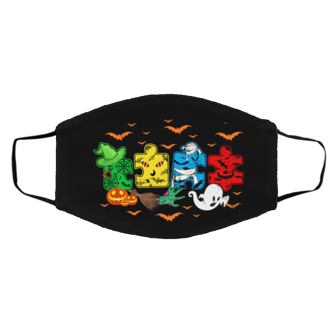 Spooky Autism Halloween Puzzle Washable Reusable Custom - Printed Cloth Face Mask Cover, Black, Cloth Face Cover – Medium/Large