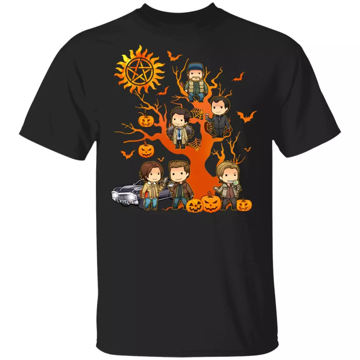Super-Natural Characters Chibi On Halloween Tree T-Shirt, Black, Unisex T-Shirt