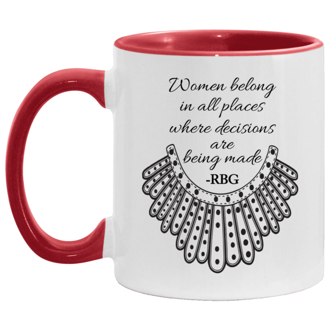Women Belong in All Places Where Decisions Are Being Made RBG Ruth Feminist Gift Accent Mug, White/Red, 11 oz. Accent Mug