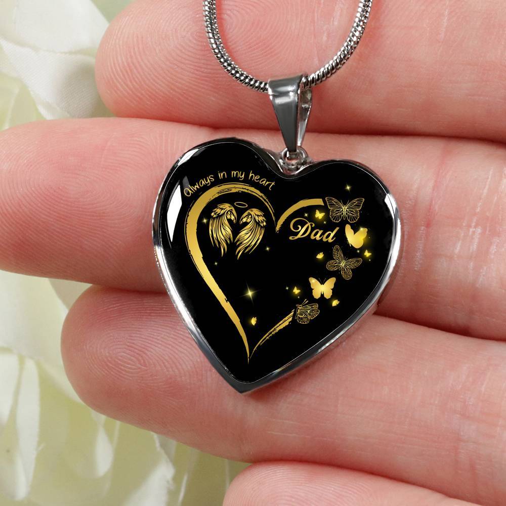 Dad Always In My Heart Loss Of Dad Heart Pendant Necklace - Dad Remembrance Necklace - Heart Luxury Necklace (Silver)