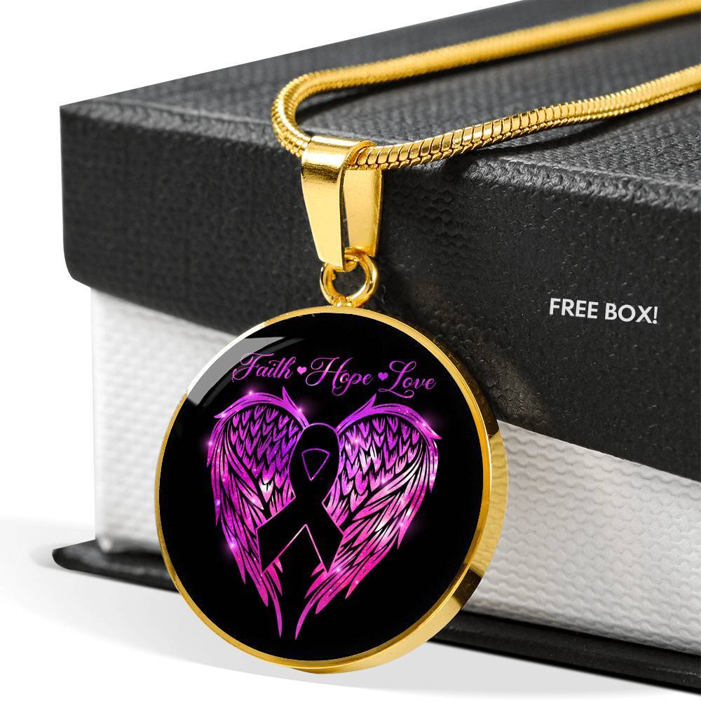 Faith Hope Love Breast Cancer Survivor Circle Pendant Necklace - Circle Luxury Necklace (Gold Plated)