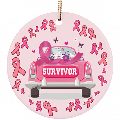 Breast Cancer Survivor Decorative Christmas Ornament Keepsake - Holiday Flat Circle Porcelain Ceramic Ornament, White, Ceramic Circle Ornament
