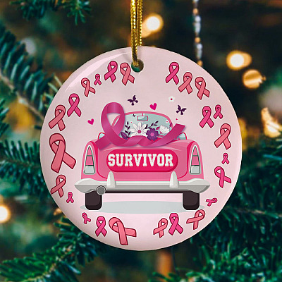 Alternative view of Breast Cancer Survivor Decorative Christmas Ornament Keepsake - Holiday Flat Circle Porcelain Ceramic Ornament