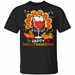 Happy Hallowthanksmas Wine Turkey T-Shirt - Funny Halloween Thanksgiving Christmas Shirt, Black, Unisex T-Shirt