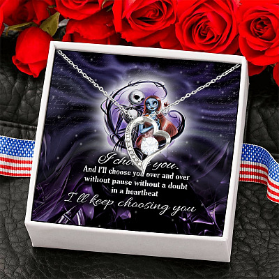 Alternative view of Jack Skellington and Sally I Choose You and I Will Choose You Over and Over and Over Forever Love Pendant Necklace
