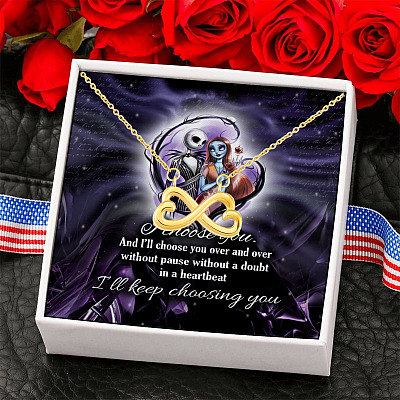 Jack Skellington and Sally I Choose You and I Will Choose You Over and Over and Over Infinity Heart Pendant Necklace