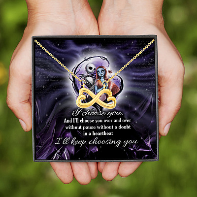 Alternative view of Jack Skellington and Sally I Choose You and I Will Choose You Over and Over and Over Infinity Heart Pendant Necklace